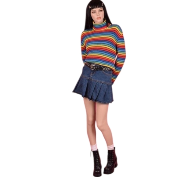 Vintage Tommy Hilfiger Ribbed Turtleneck Sweater Rainbow Stripe Black Size L π - Picture 8 of 8